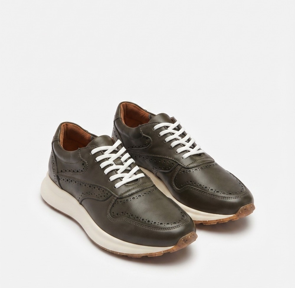 Tünd Haki Dəri və Brog Detallı Kişi İdman Ayaqqabısı / Sneaker